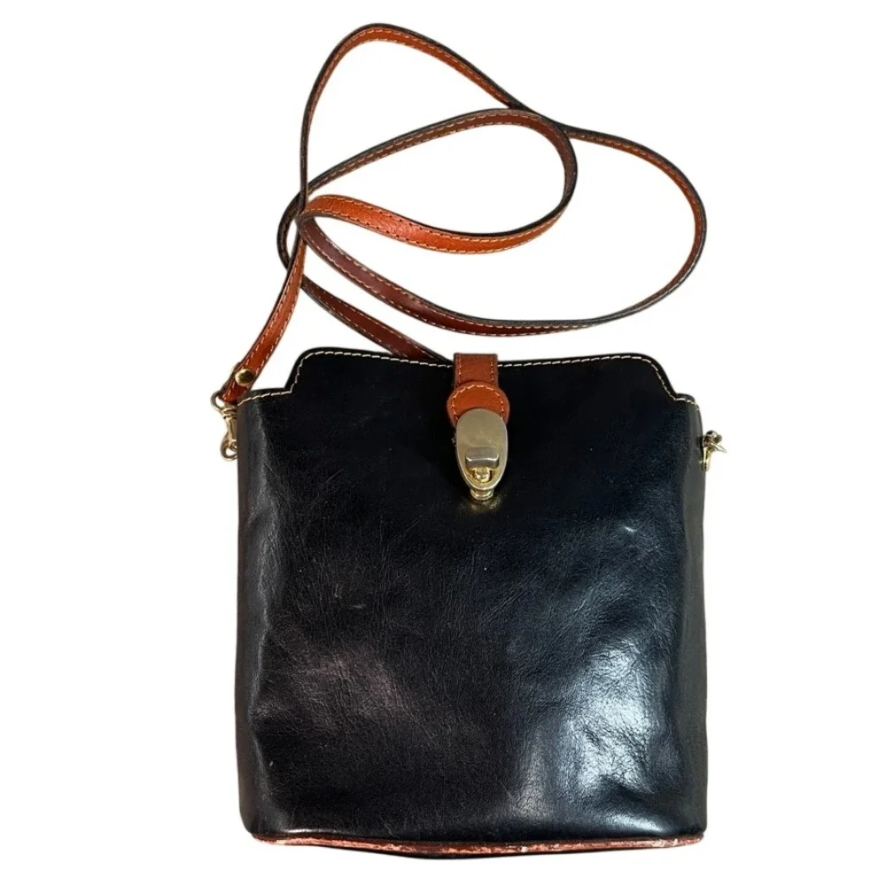 Vintage Italian Leather Crossbody Bag Black Brown Trim Turn Lock Small Bucket